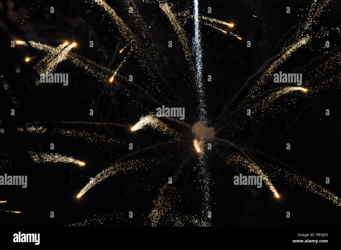 Golden Fireworks at New Years Eve in Thailand Stock Photo