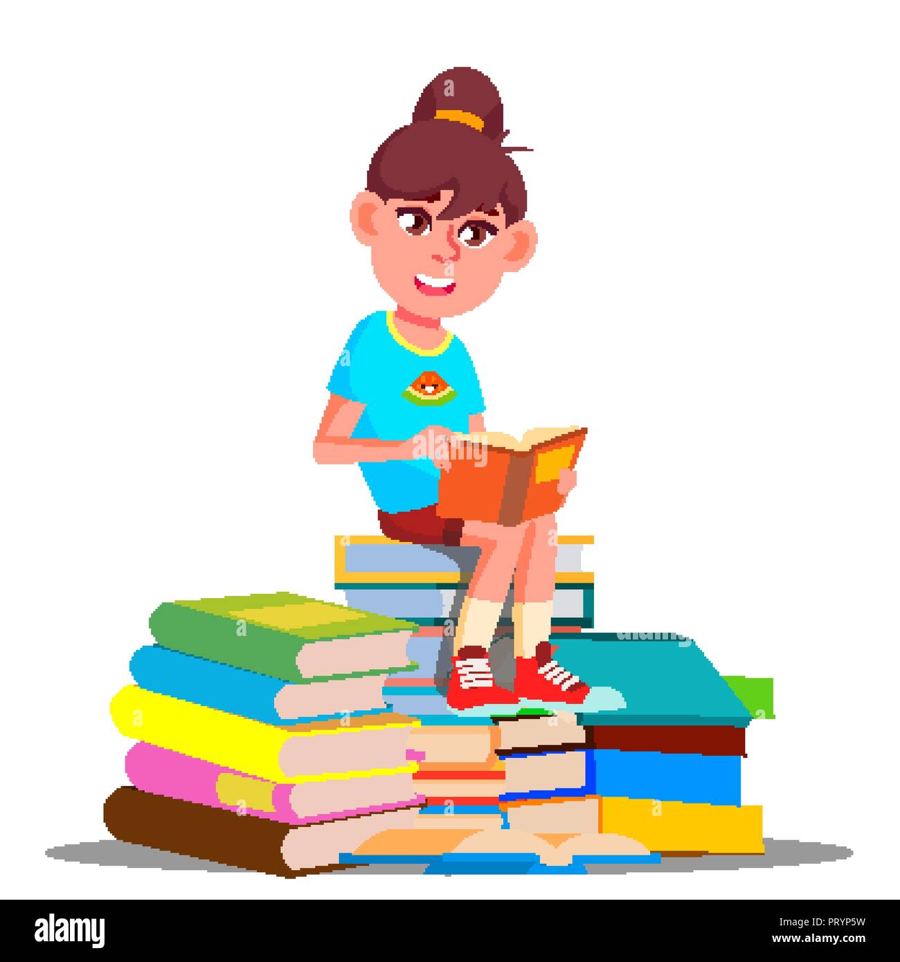 Little Girl Sitting On Top Of A Pile Of Books Vector. Isolated ...
