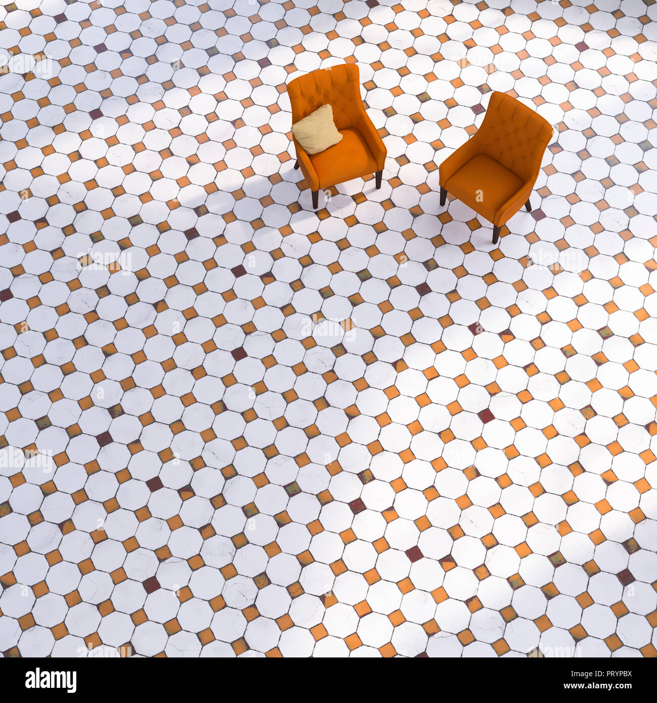 3D rendering, Two chairs on tiled floor Stock Photo
