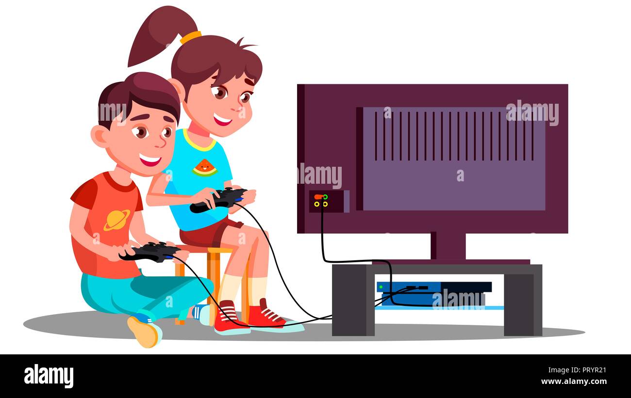 Boy And Girl Playing Video Games Together Vector. Isolated Illustration Stock Vector