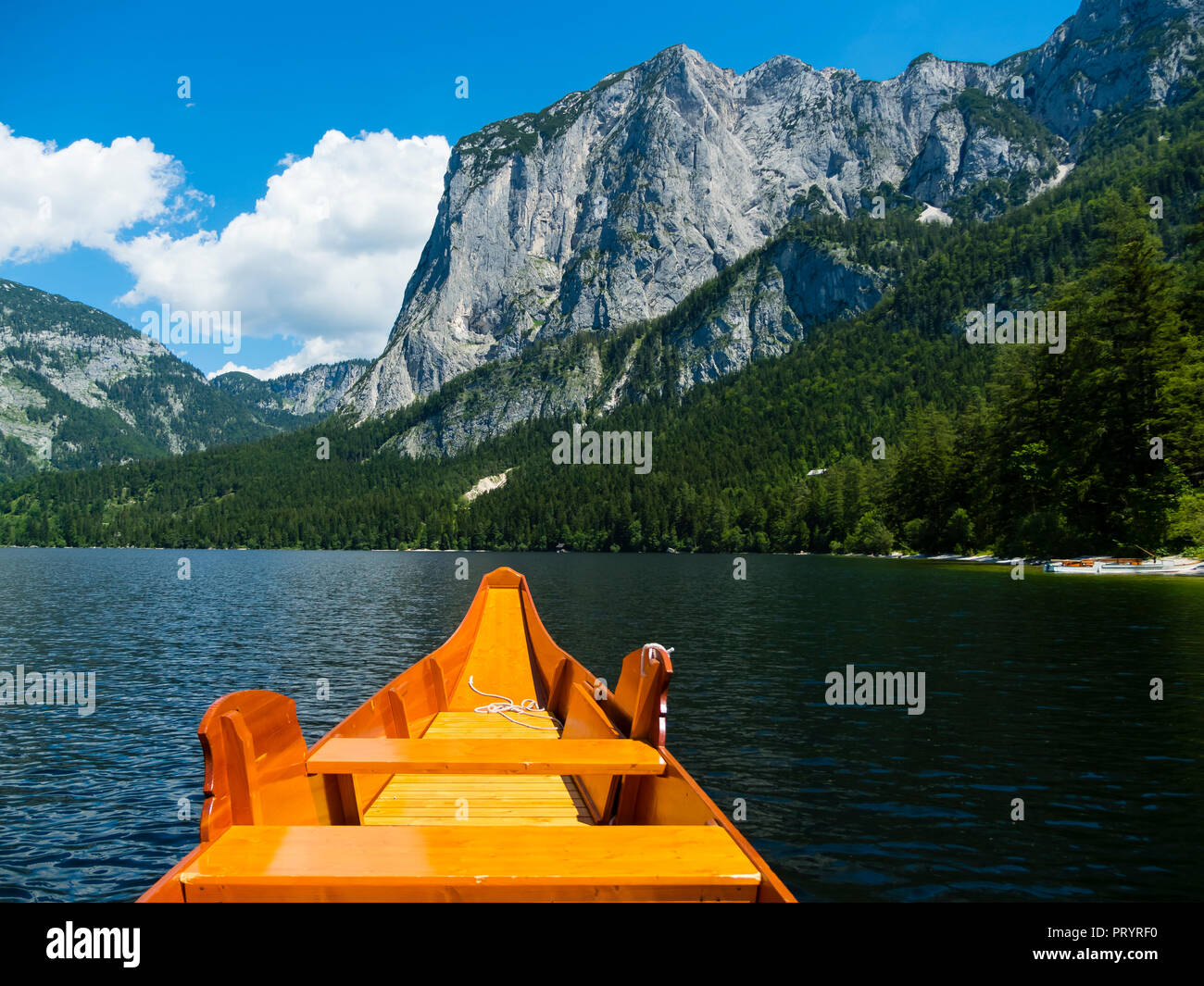 Austria, Styria, Altaussee, boat on Altausseer See with Trisselwand at in the background Stock Photo