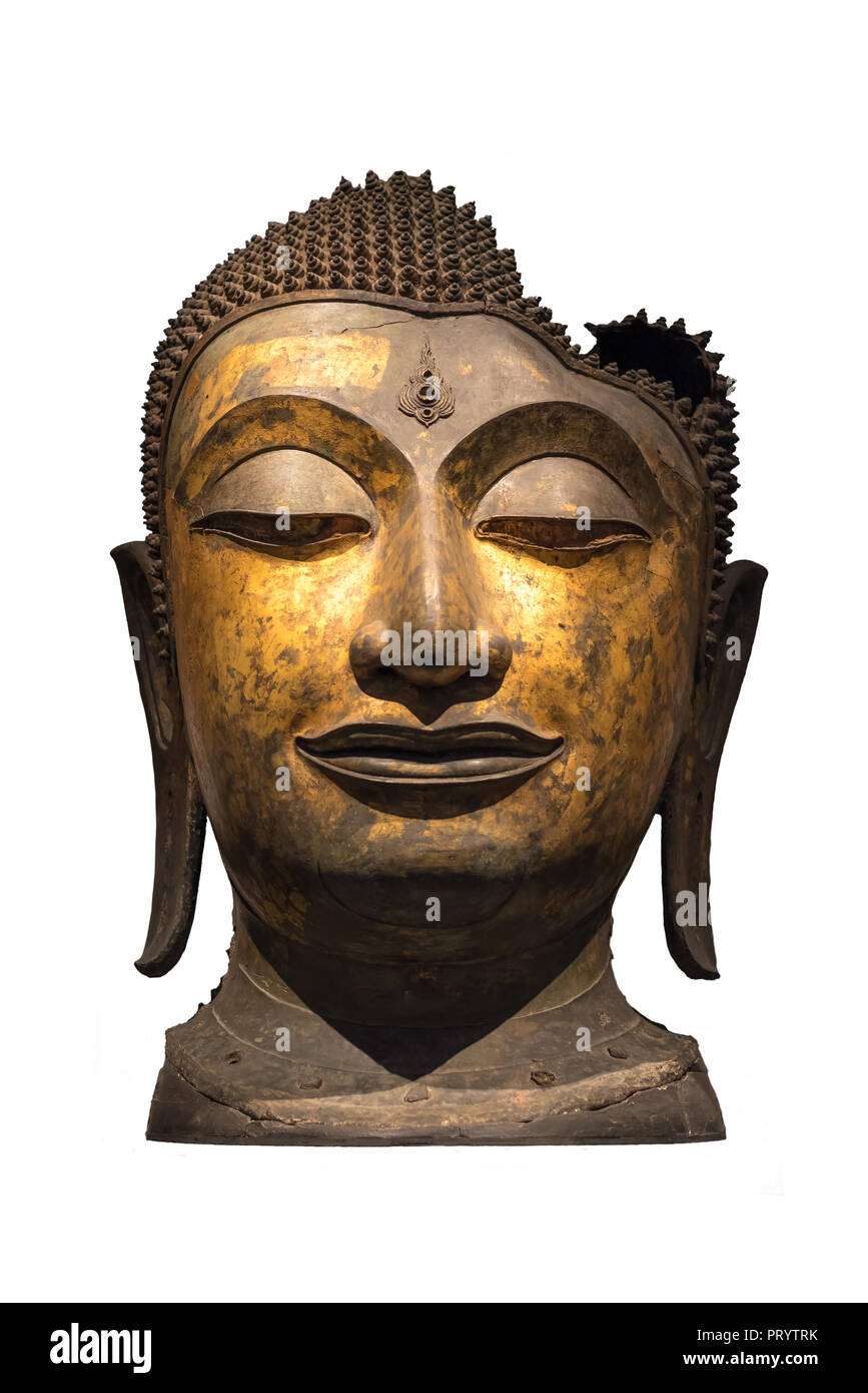Broken Buddha head statue isolated on the white background Stock Photo