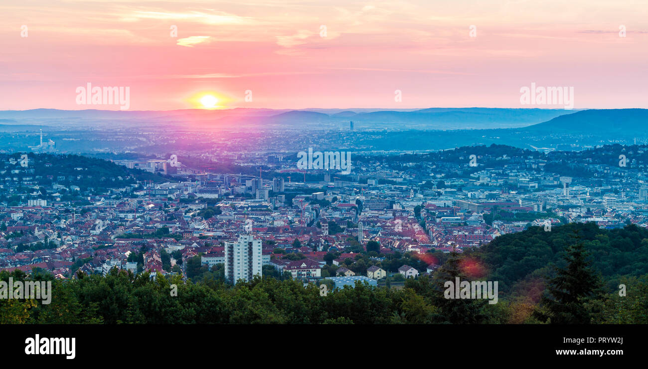 Germany, Baden-Wuerttemberg, cityscape of Stuttgart at sunrise, view from Birkenkopf Stock Photo