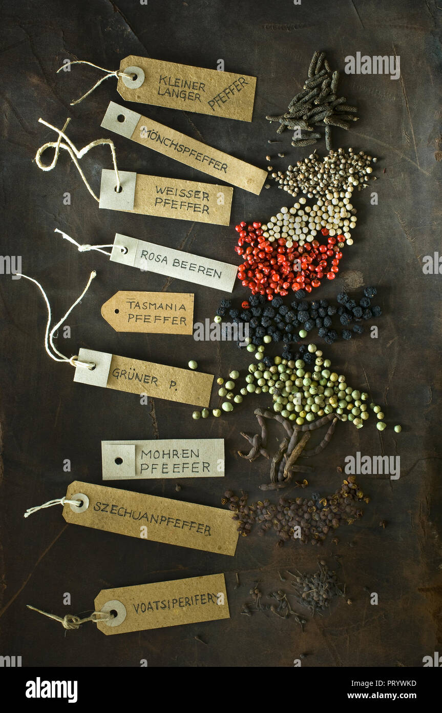 Various sorts of pepper and labelled tags Stock Photo
