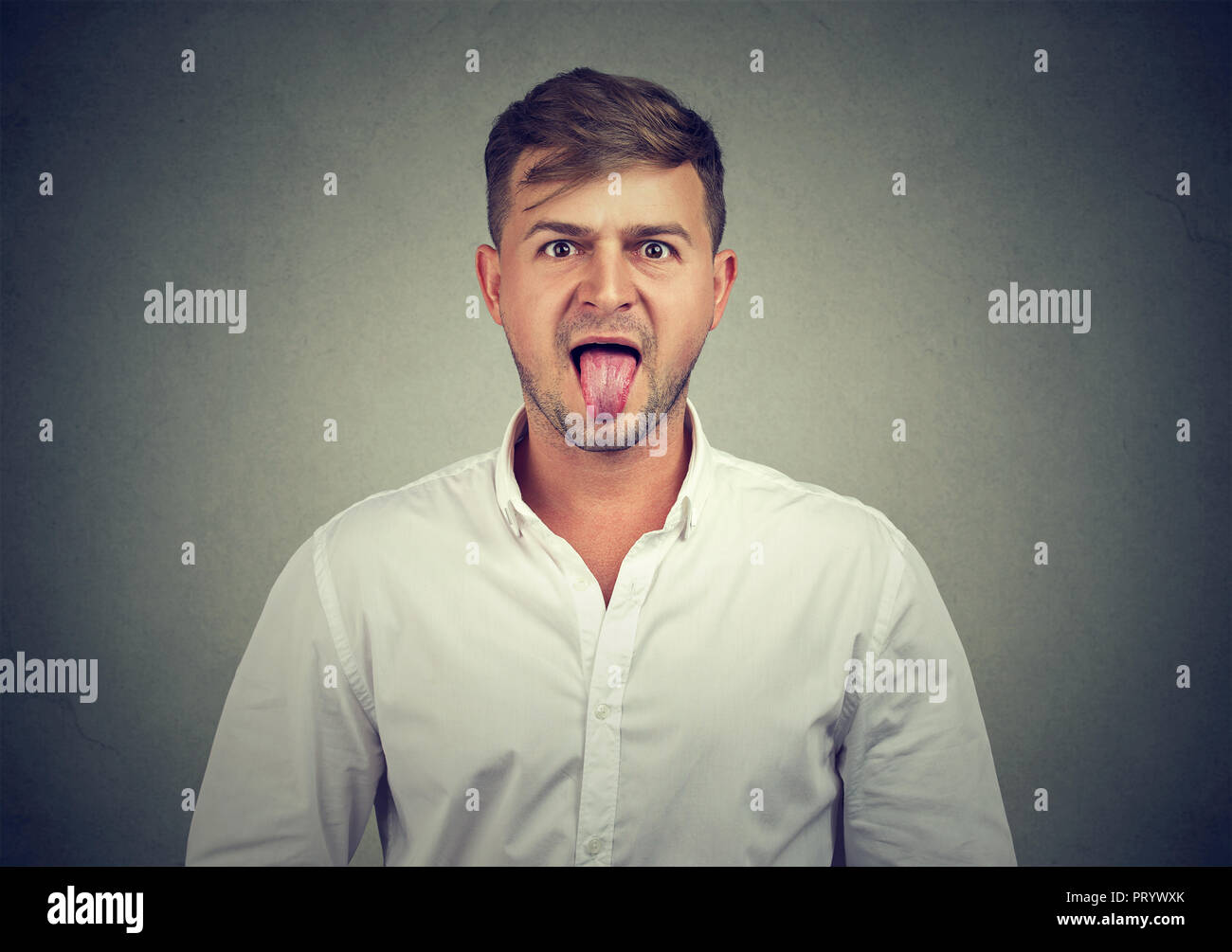 Closeup portrait of a man sticking his tongue out at you isolated on gray background. Stock Photo