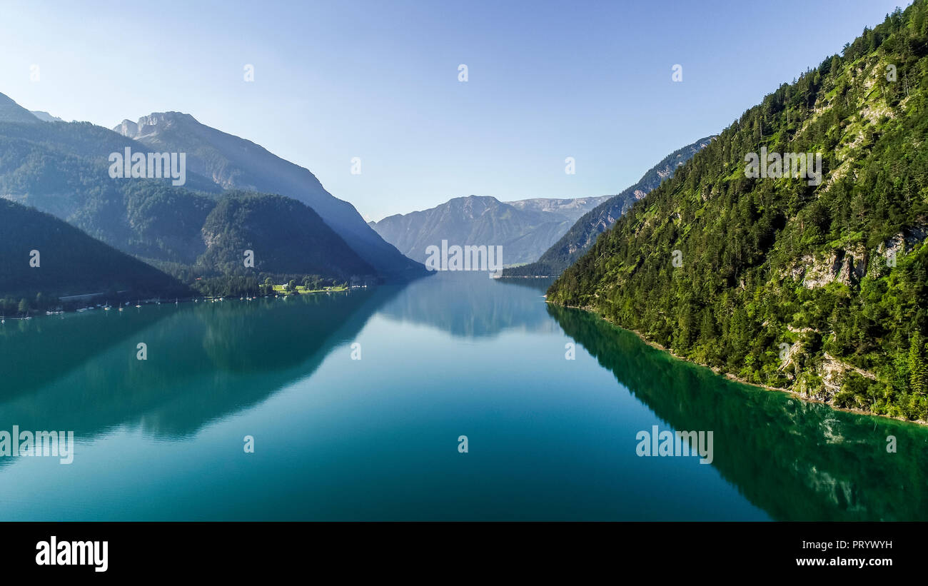 Austria, Tyrol, Lake Achensee in the morning, View to Klobenjoch, Hochiss and Seekarspitze Stock Photo