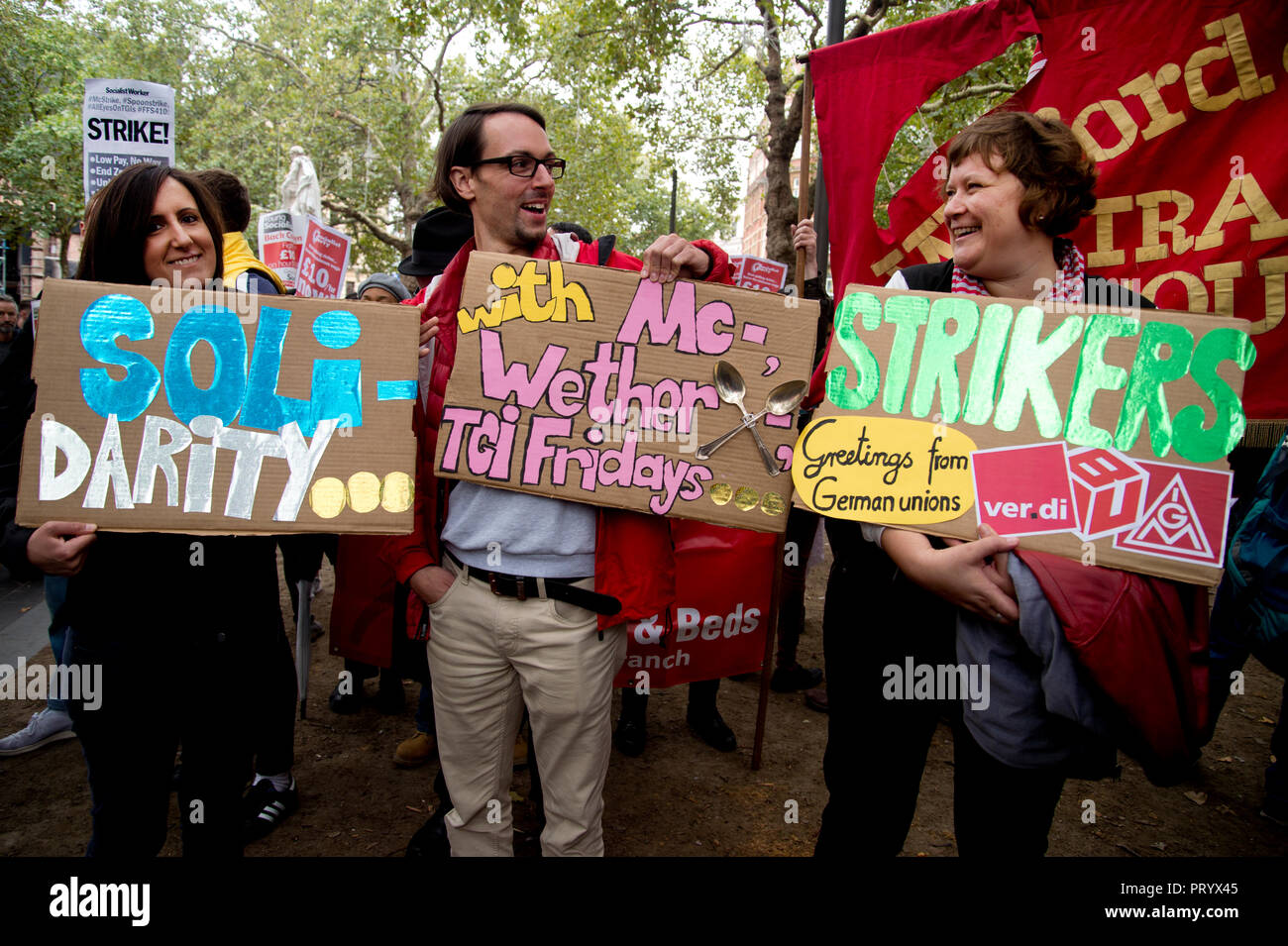 October 4th 2018. Leicester Square, London. Day of action by workers from TGI Fridays, McDonalds Deliveroo and Wetherspoons, supported by TUC and Labo Stock Photo