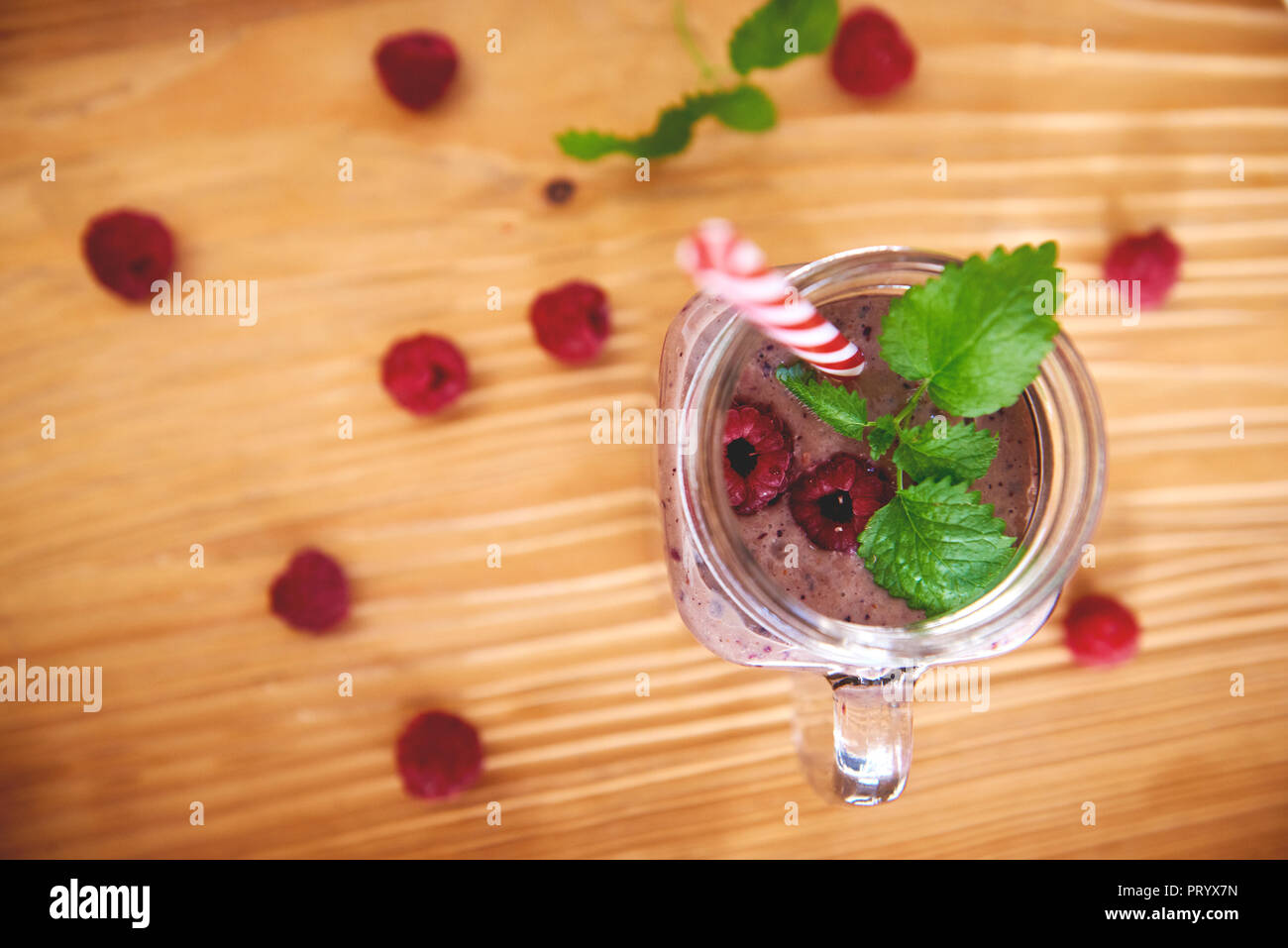 Glass of raspberry smoothie, top view Stock Photo