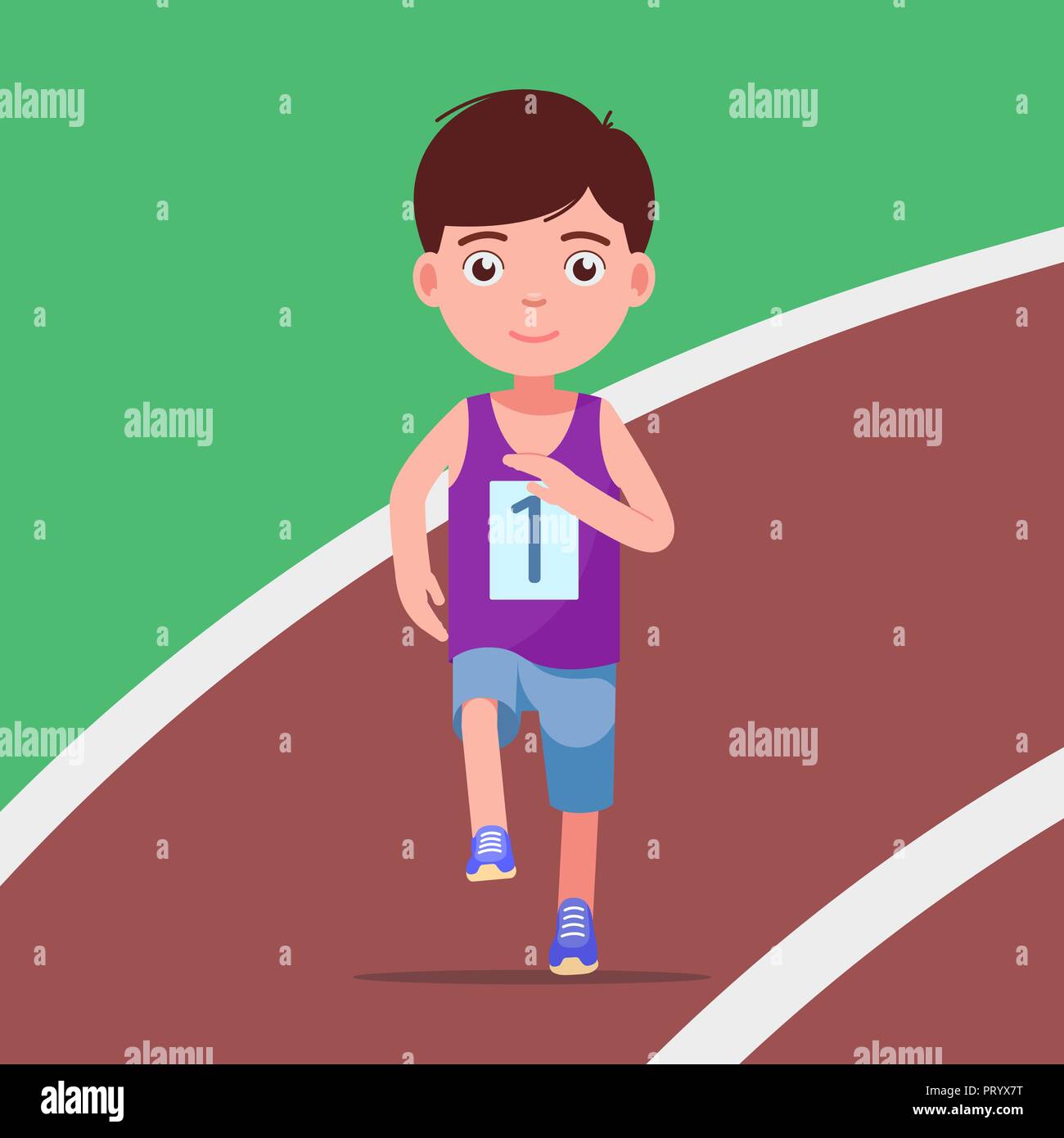 Cartoon boy running a marathon in a stadium Stock Vector