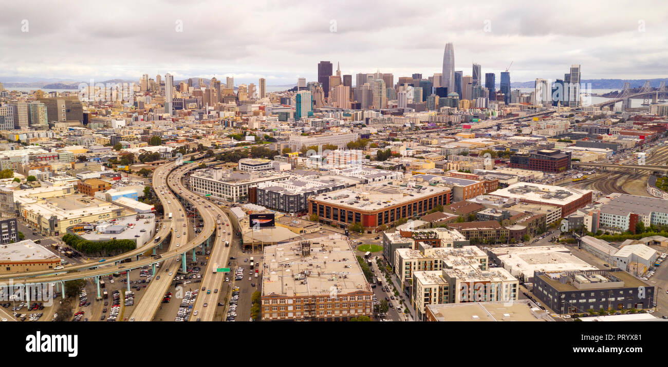 An aerial view of the downtown urban core in San Francisco California from the south end Stock Photo