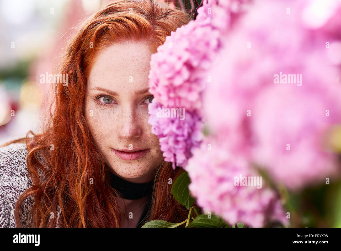 Portrait of redheaded young woman with freckles Stock Photo