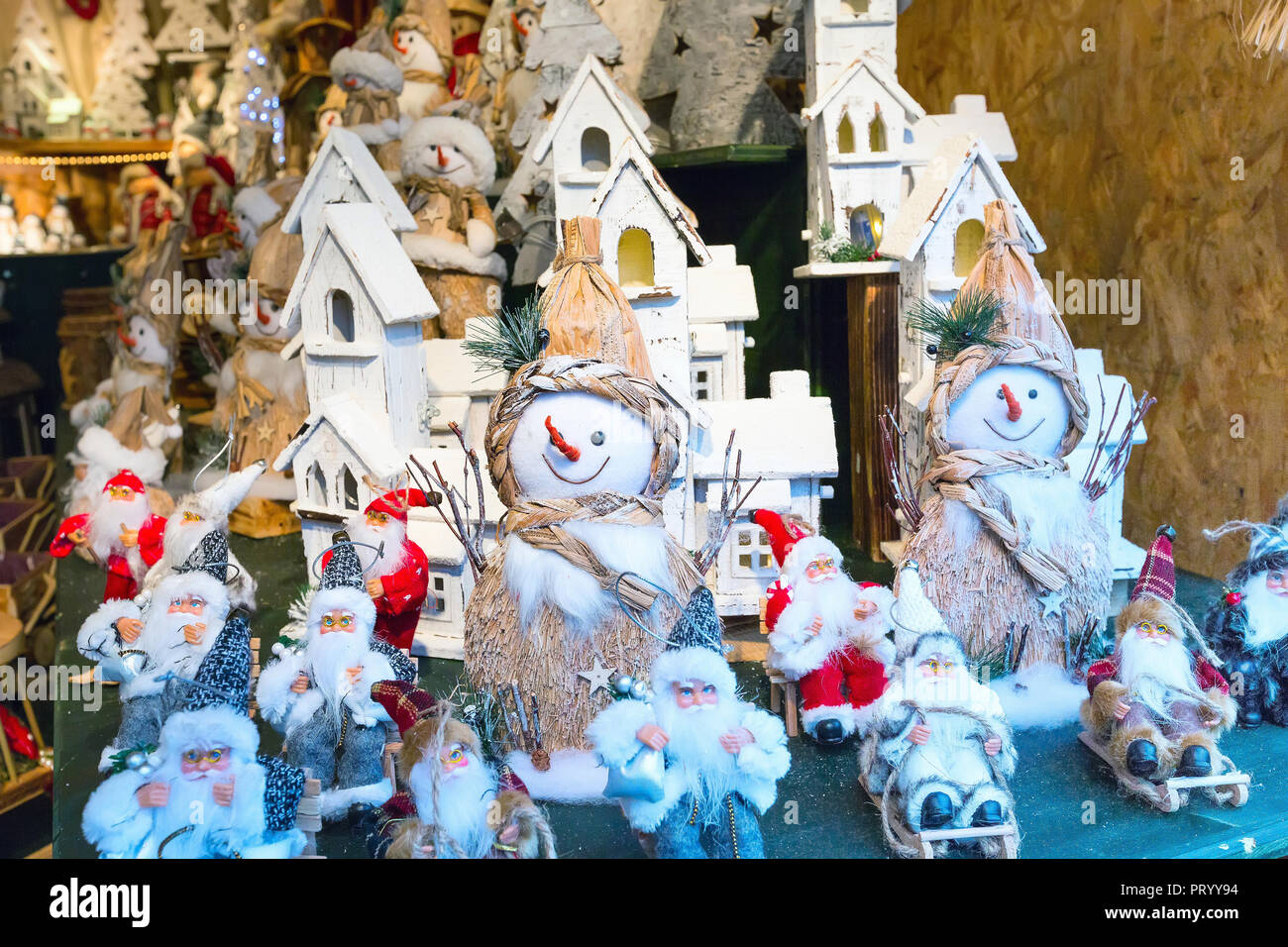 Christmas market stall with gifts and souvenirs for sale Stock Photo