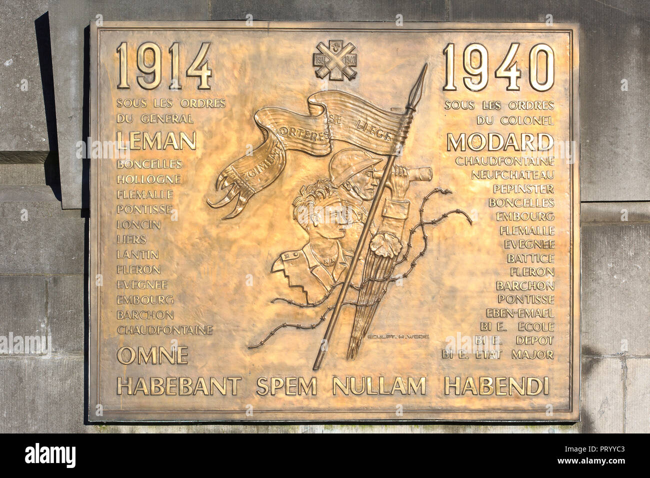 Commemorative plaque for the heroes that fought and died during World War I and II defending Liege, Belgium Stock Photo