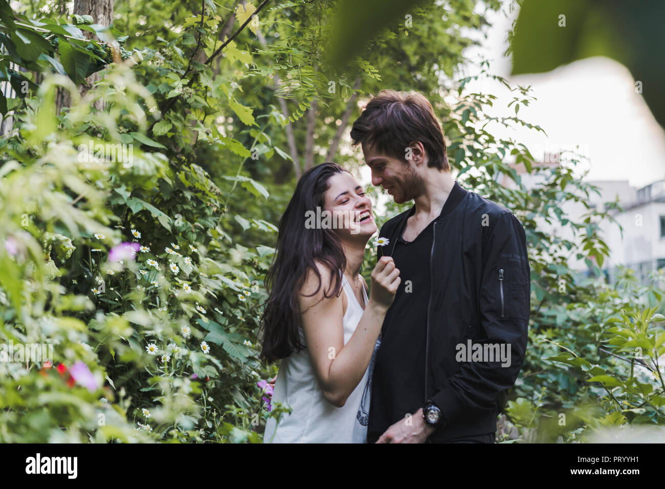 Happy young couple standing in shrubbery Stock Photo