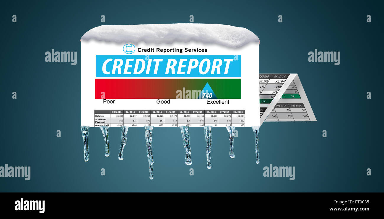 An icy, snow covered credit report in a snowstorm illustrates the idea of freezing your credit report. This is a credit freeze and is an illustration. Stock Photo