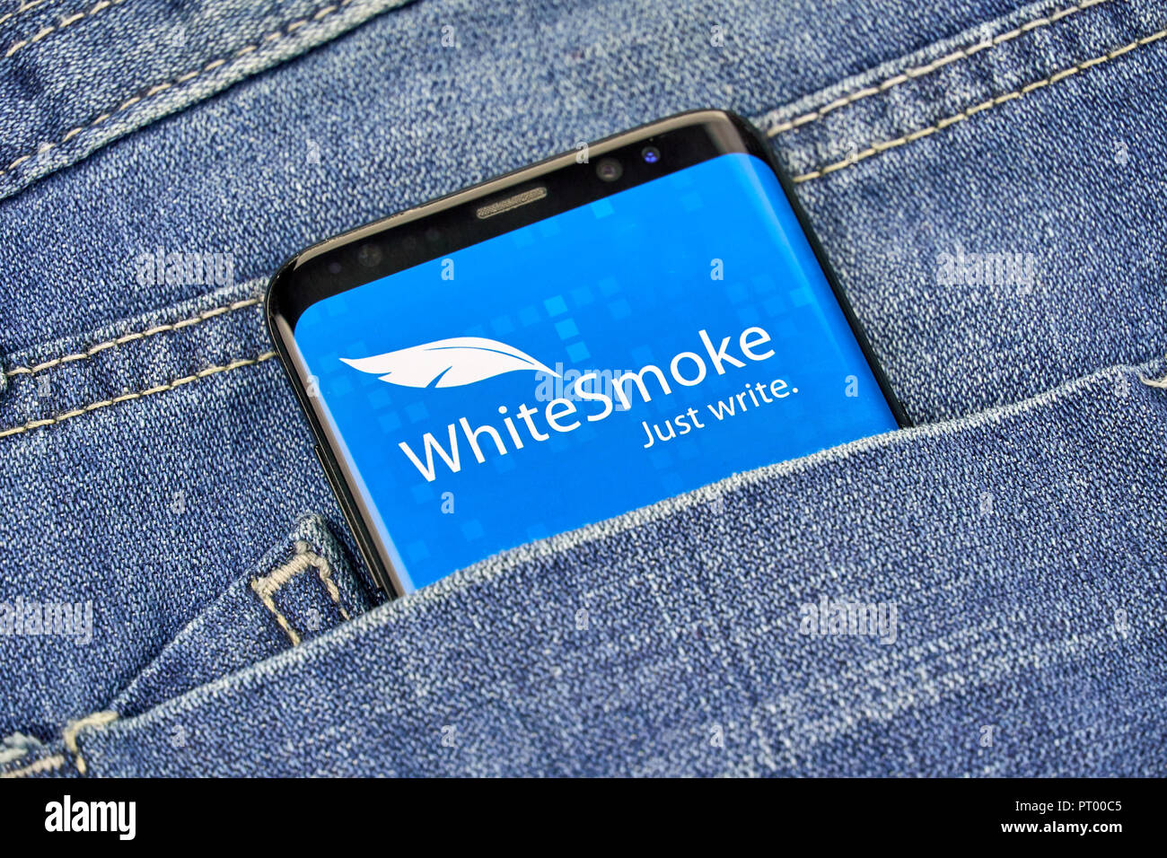 MONTREAL, CANADA - OCTOBER 4, 2018: WhiteSmoke grammar check app on s8 Android device. WhiteSmoke app is English language mistakes detector and correc Stock Photo