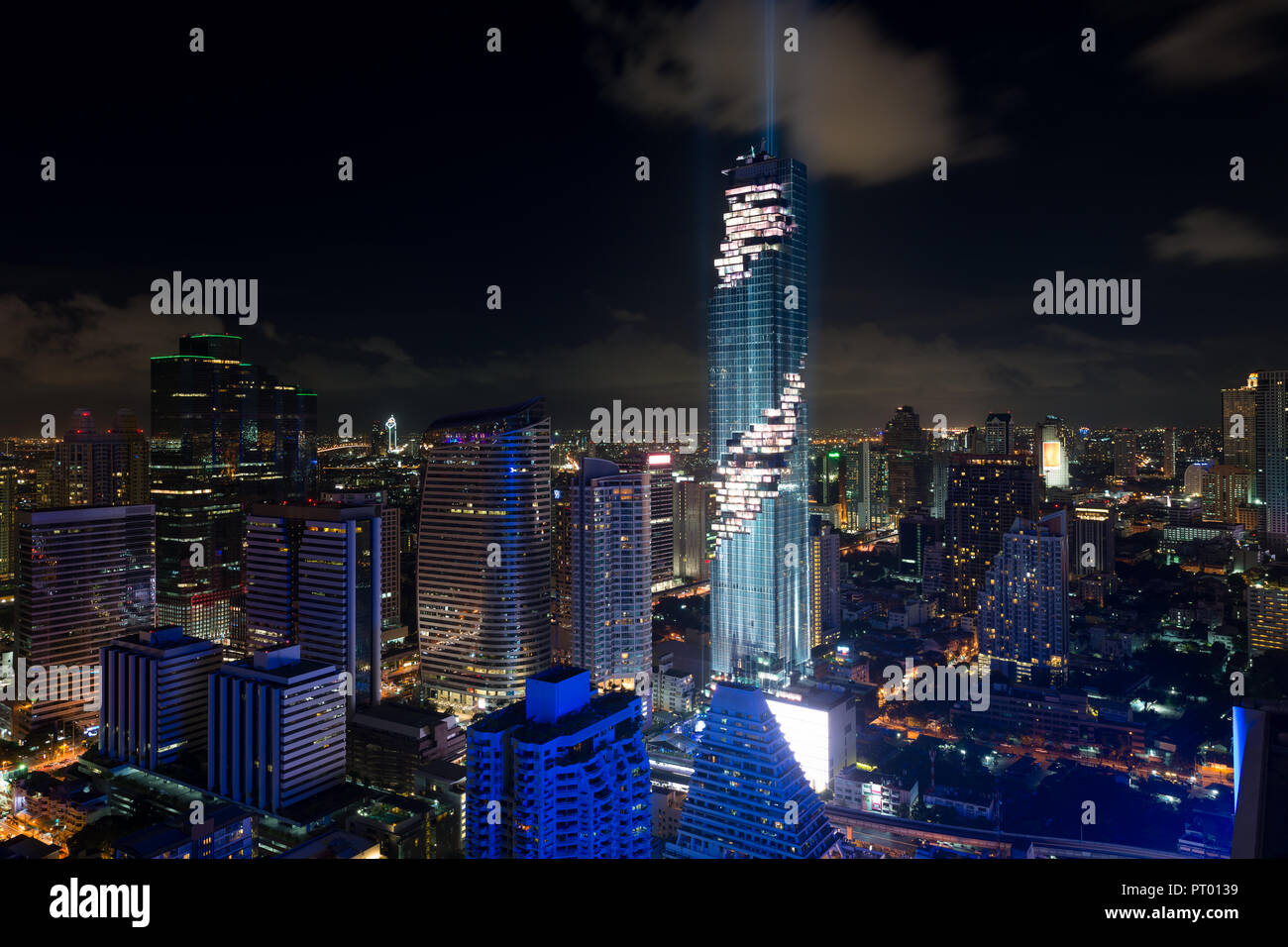 Bangkok cityscape at dusk. Landscape of Bangkok business building around downtown. Modern high building in business district area at night in Thailand Stock Photo