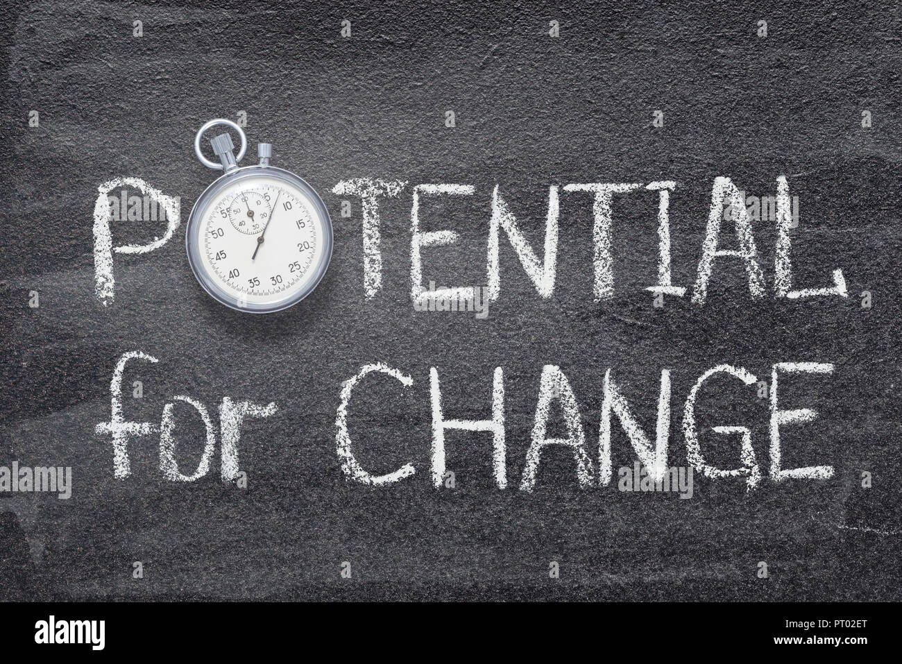 potential for change phrase handwritten on chalkboard with vintage precise stopwatch used instead of O Stock Photo