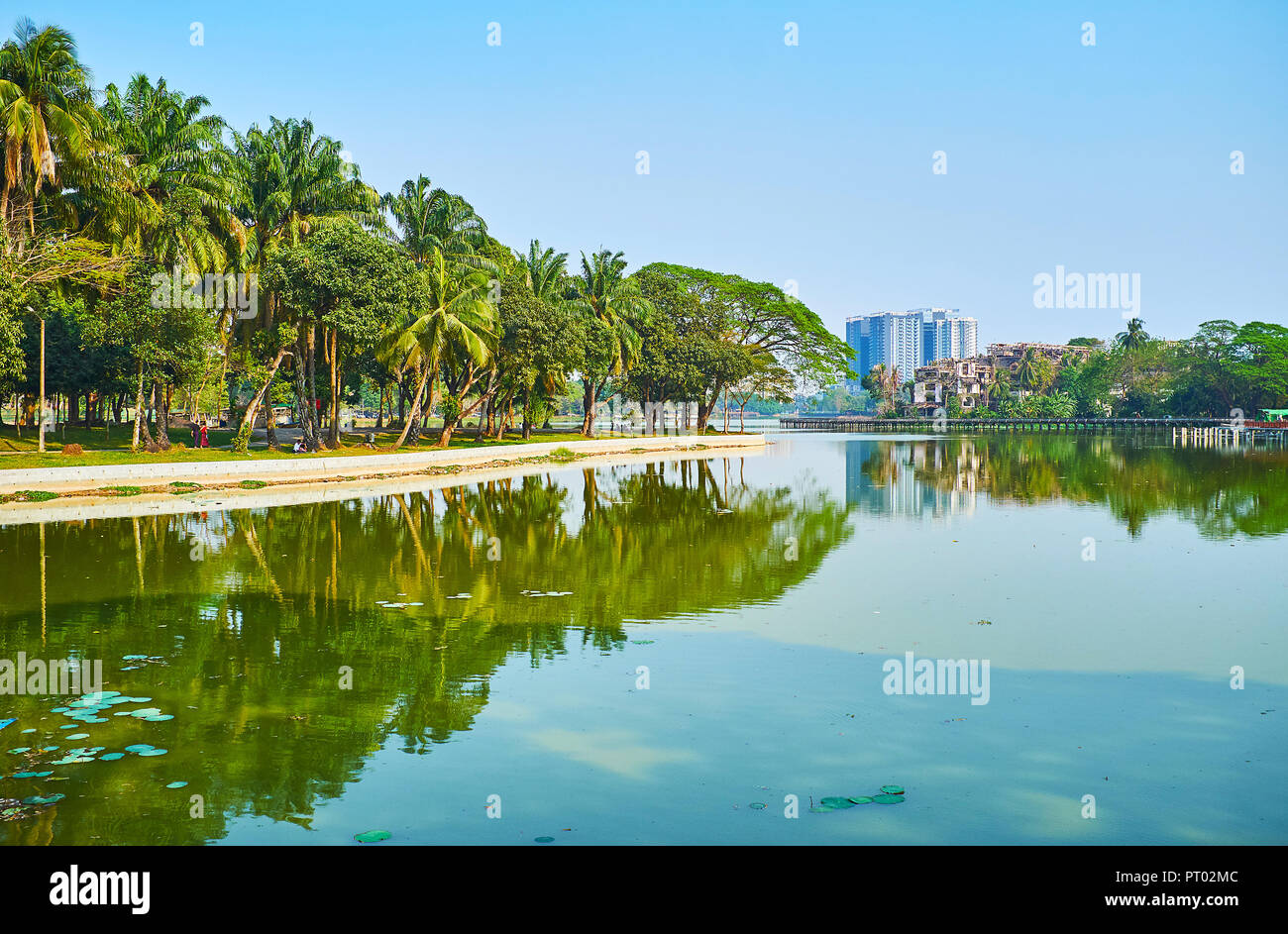 The bridge is nice place to overlook one of the largest city lakes - the Kandawgyi Lake, surrounded by picturesque green park with same name, Bahan to Stock Photo