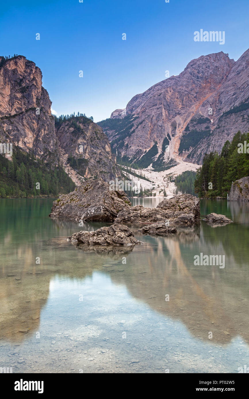 Late summer evening at Lake Prags, South Tyrol Stock Photo