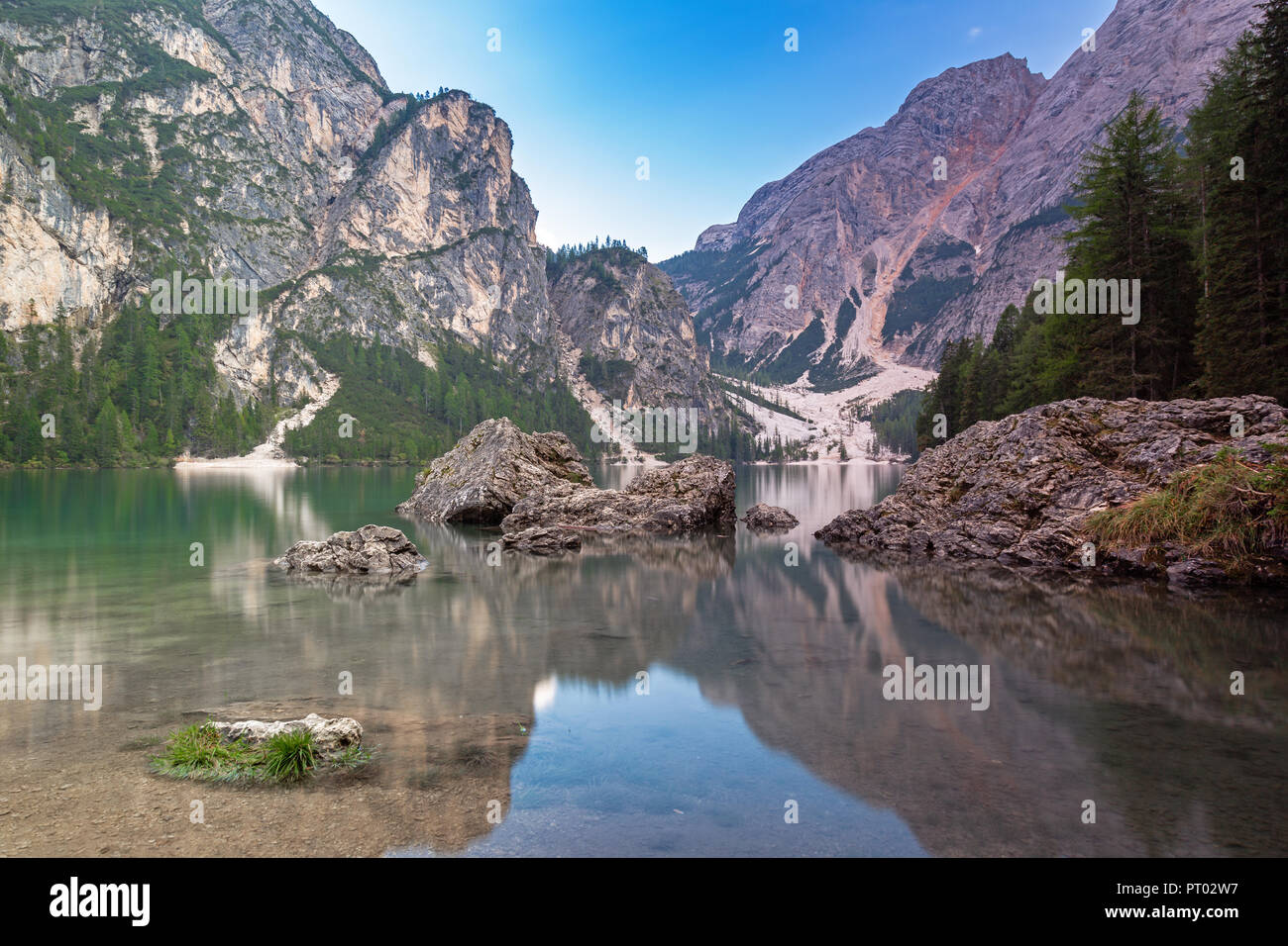 Late summer evening at Lake Prags, South Tyrol Stock Photo