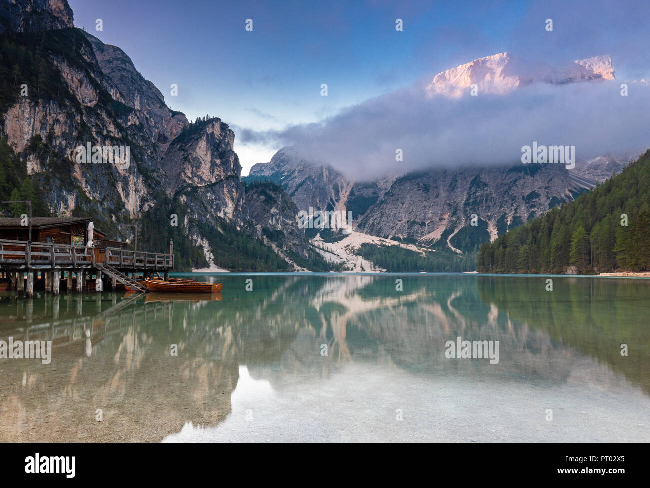 Daybreak in late summer at Lake Prags, South Tyrol Stock Photo