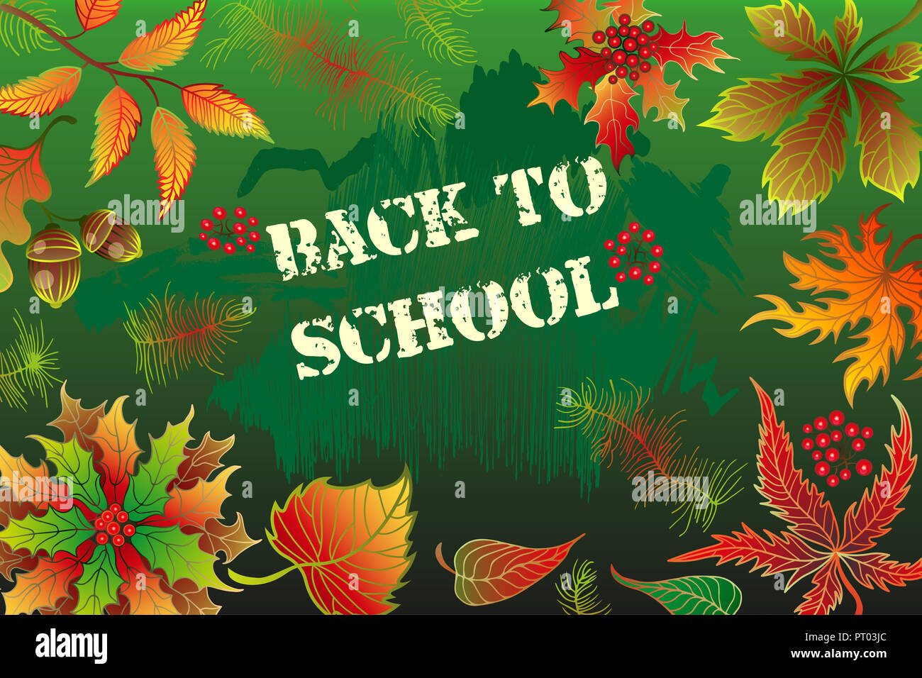 Back to school background with realistic blackboard, autumn leaves and text Stock Photo