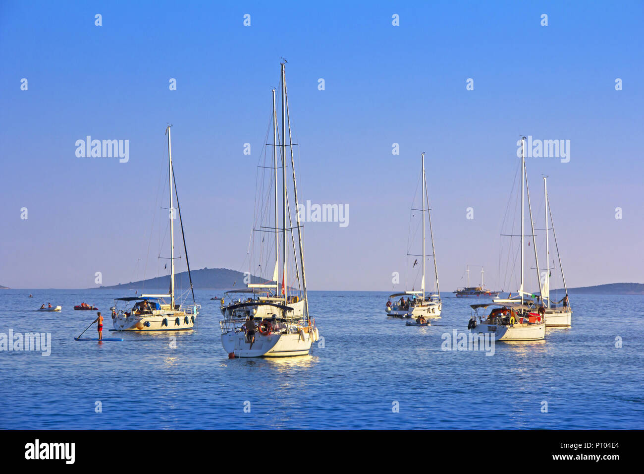 Anchored sailing boats in the bay on island Murter, Croatia Stock Photo