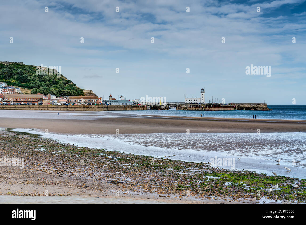 Looking across Scarborough Beach towards the large harbour, lighthouse