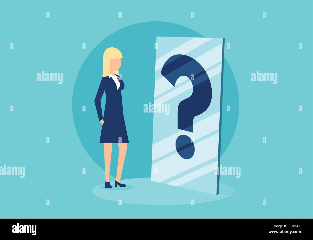 Cartoon businesswoman standing in front of mirror with question mark in confusion of personal character Stock Vector