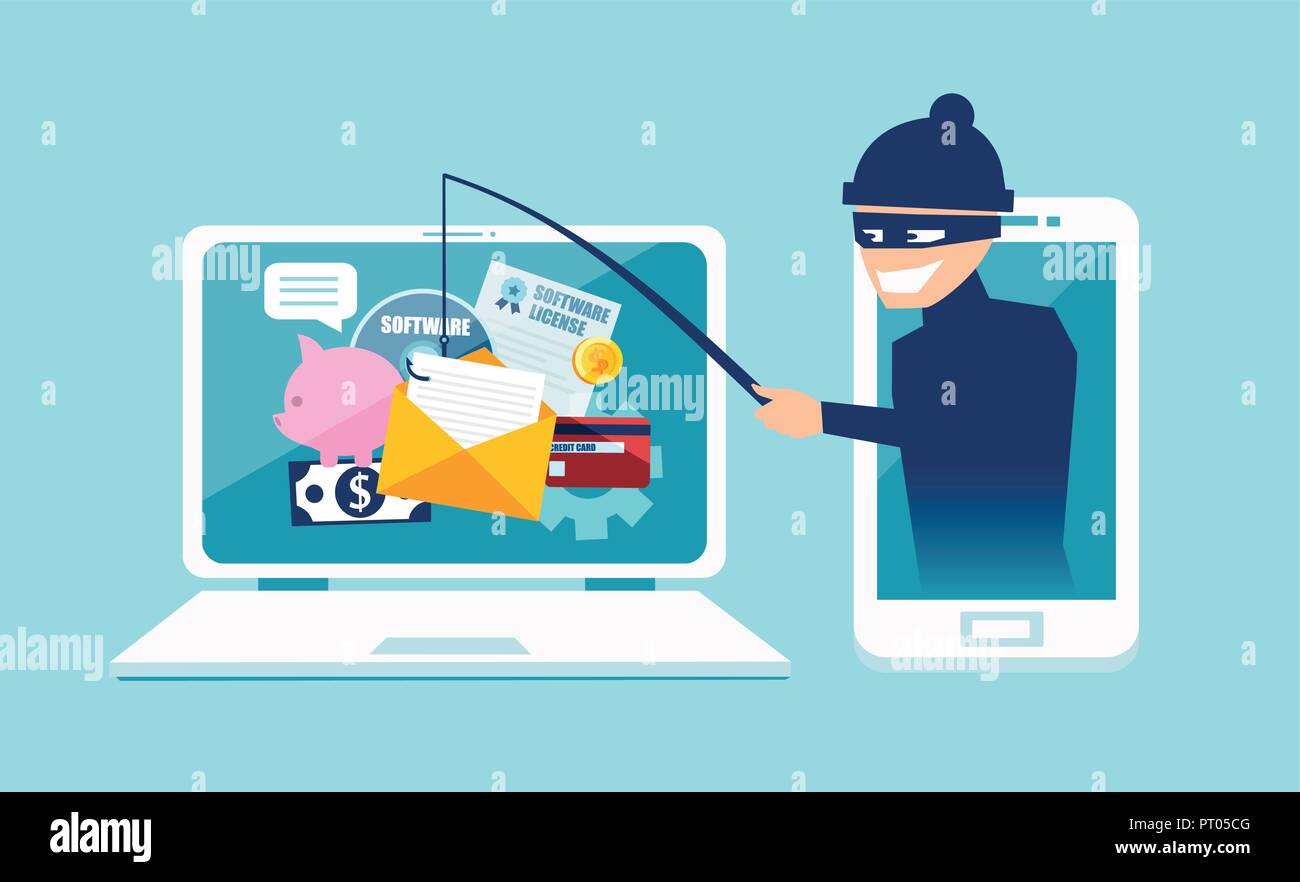 Login into account in email envelope and fishing for private financial account information. Vector concept of phishing scam, hacker attack and web sec Stock Vector