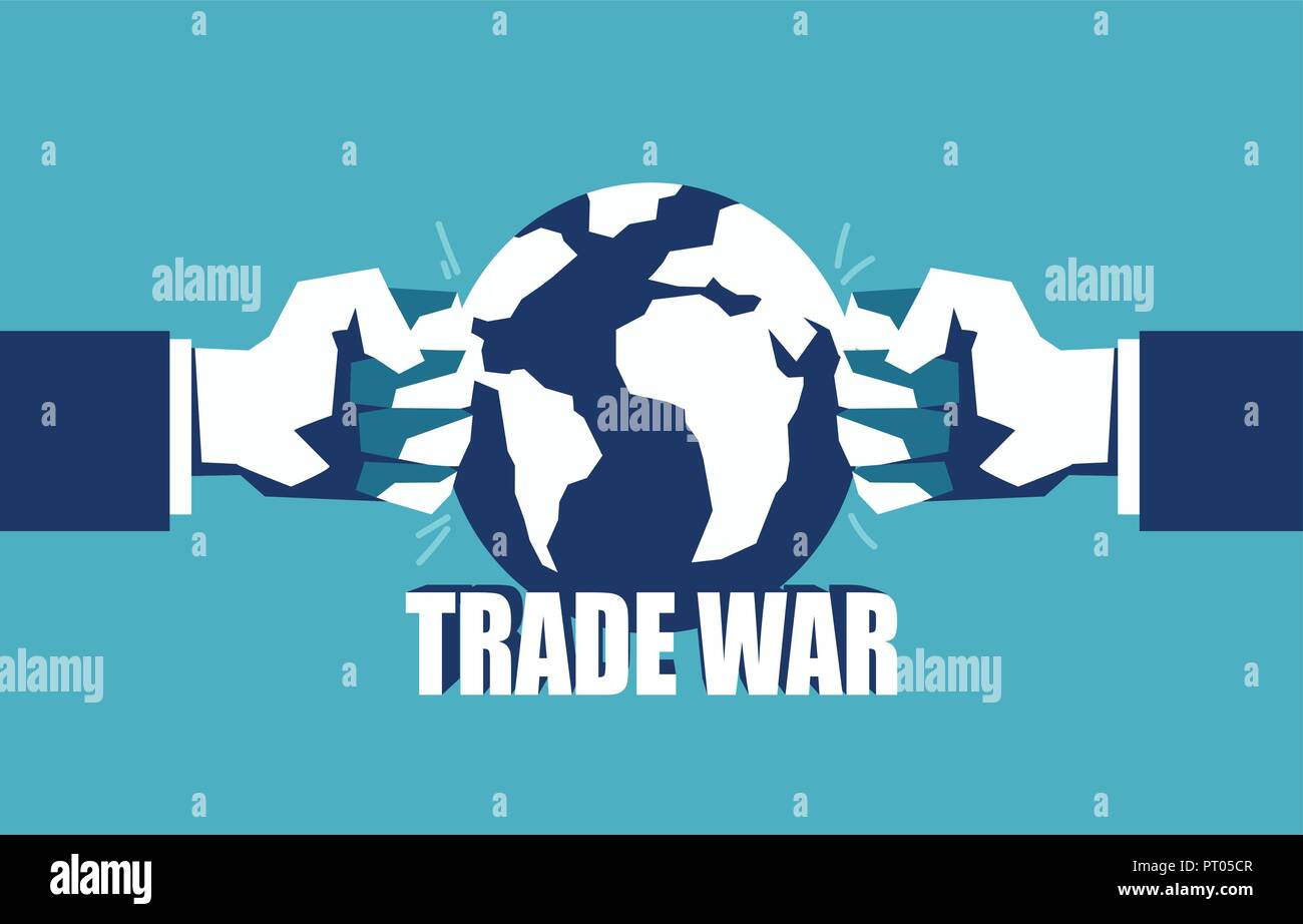 Concept illustration of confronting forces striking planet with hands in trade war on blue background Stock Vector