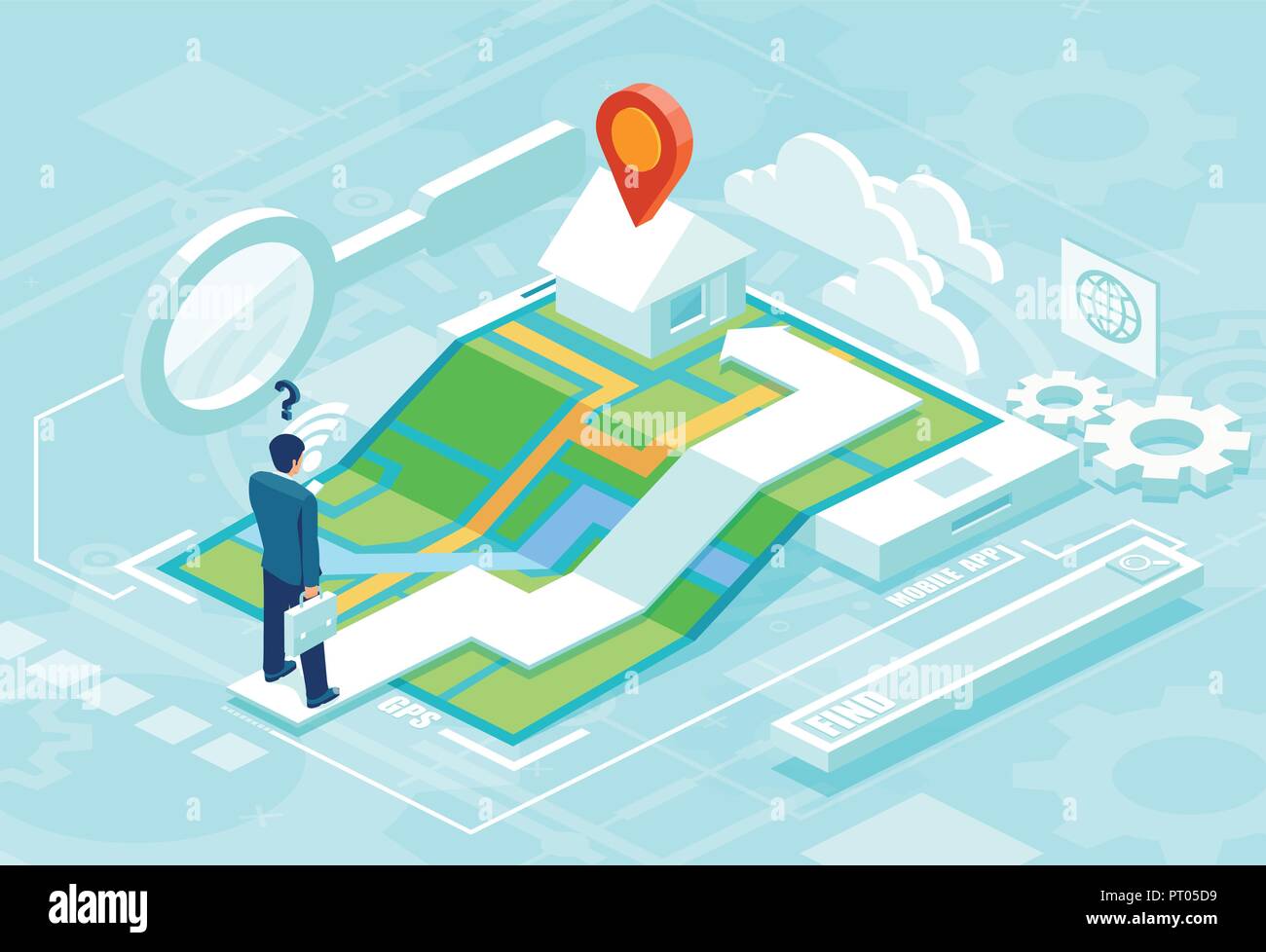 Online navigation concept in isometric vector. Businessman using smartphone application map to find his destinaton Stock Vector