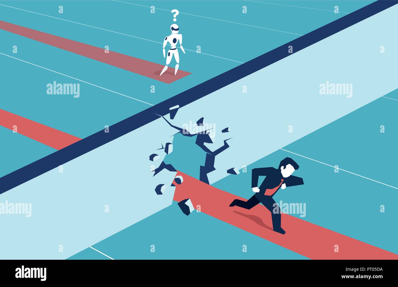 Concept illustration of a man running forward breaking wall in competition with failing robot machine Stock Vector