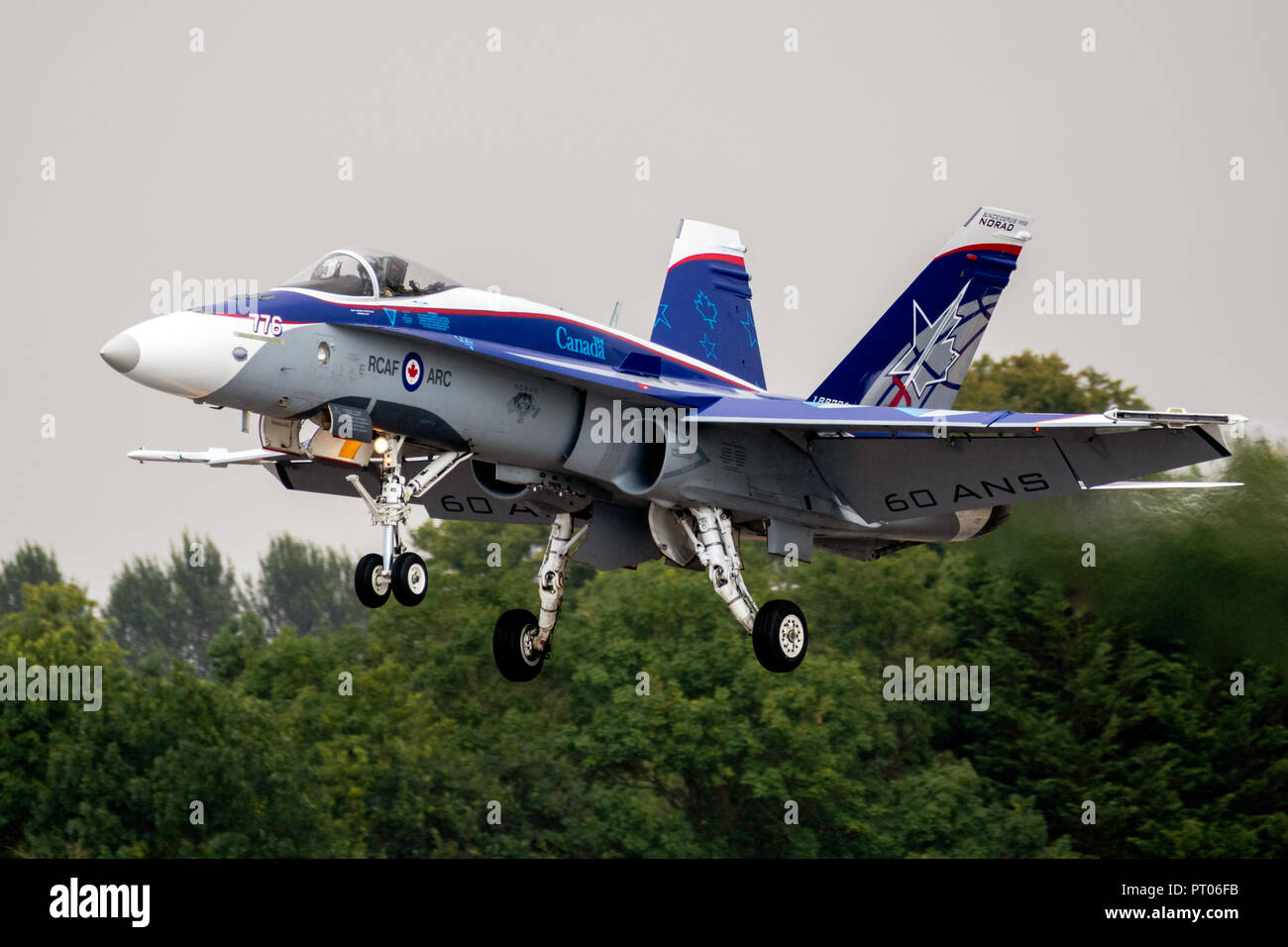 FAIRFORD, UK - JUL 13, 2018: Canadian Air Force F-18 Hornet fighter jet landing on RAF Fairford airbase. Stock Photo