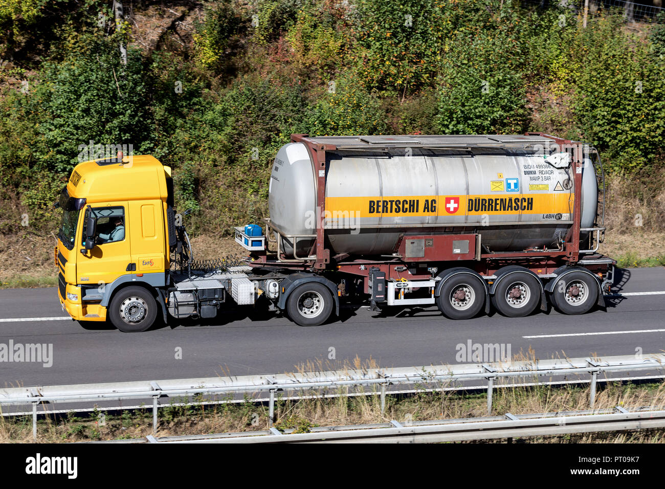Bertschi truck on motorway. Bertschi AG is a Swiss transport company that provides logistics and transport for the chemical industry. Stock Photo