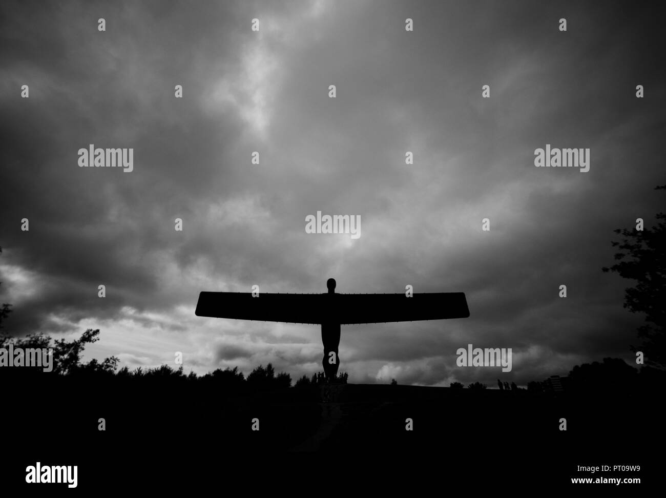 The Angel of the North statue in black and white. The iconic sculpture in Gateshead, Tyneside, near Newcastle. Stock Photo