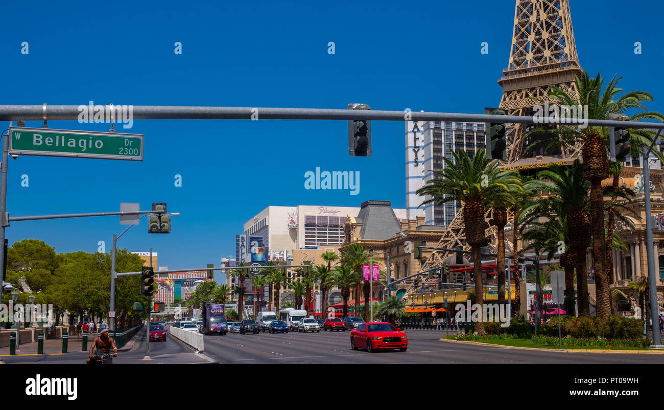 Las Vegas Boulevard aka The Strip showing the Paris Hotel and the Flamingo Hotel Stock Photo