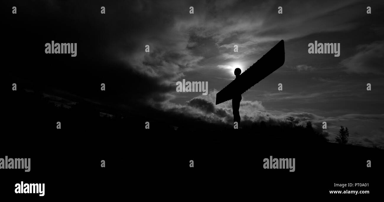The Angel of the North statue in black and white. The iconic sculpture