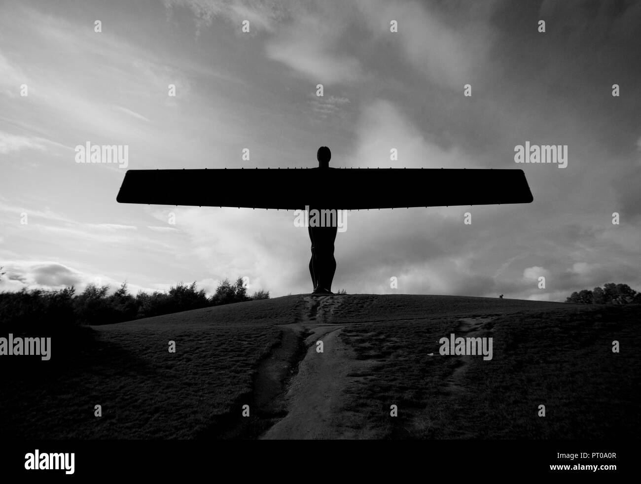 The Angel of the North statue in black and white. The iconic sculpture