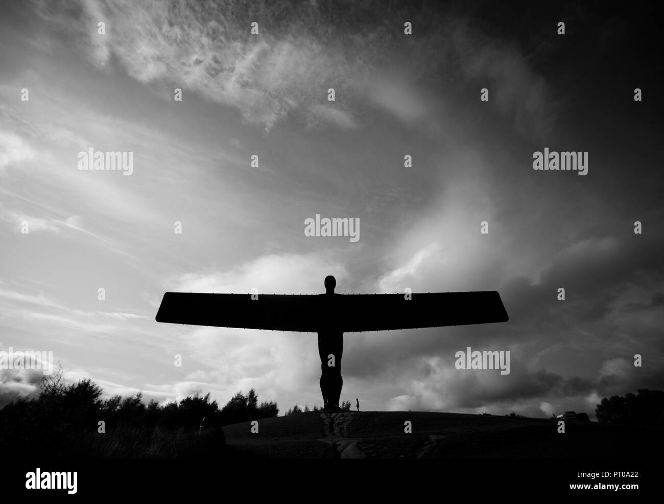 The Angel of the North statue in black and white. The iconic sculpture