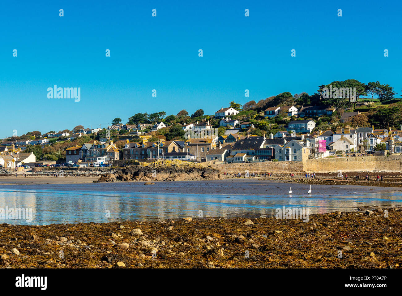 View back towards Marazion across Mounts Bay and the causeway from St Michael's Mount Stock Photo