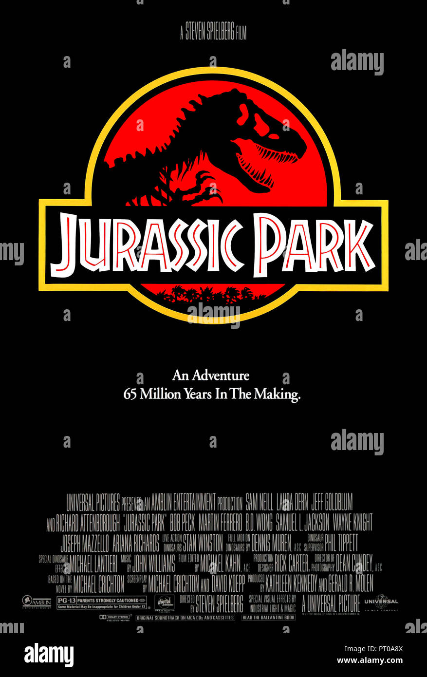 Jurassic Park (1993) directed by Steven Spielberg and starring Sam Neill, Laura Dern, Jeff Goldblum and Richard Attenborough. Successful blockbuster about a theme park containing live dinosaurs, what could go wrong? Stock Photo