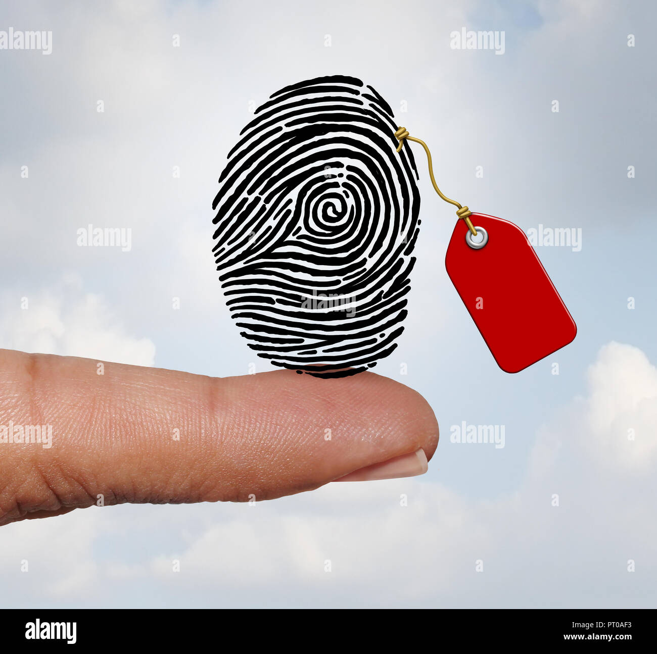 Selling private information and social media personal data market concept as a finger holding a fingerprint with a price tag as an internet business. Stock Photo