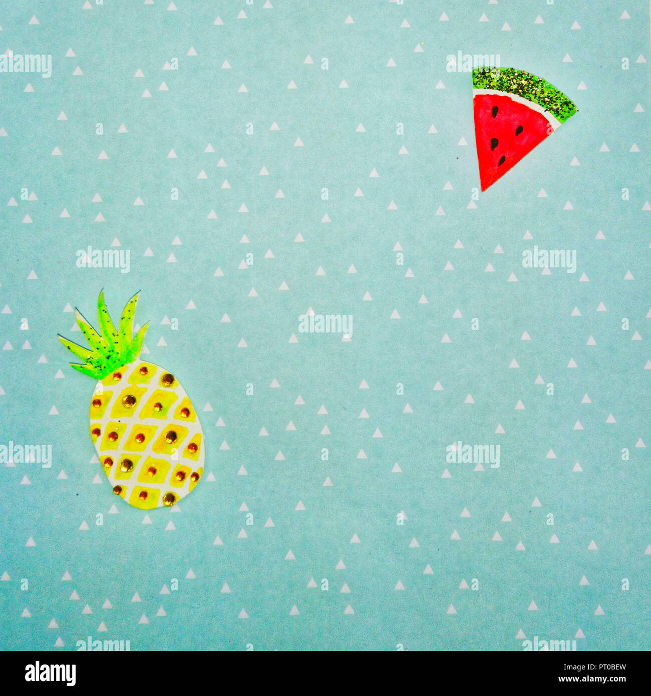 Watercolor, pineapple, melon, background, triangles Stock Photo