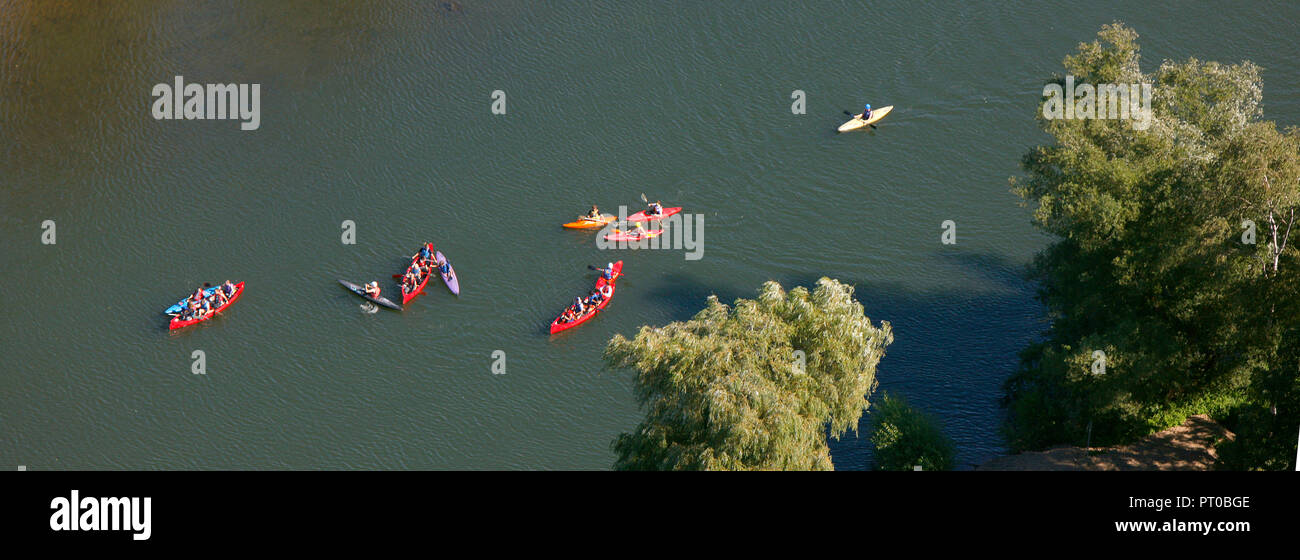 Aerial view, Paddler on the Ruhr near the clarifying ponds, Witten, Ruhr area, North Rhine-Westphalia, Germany, Europe Stock Photo