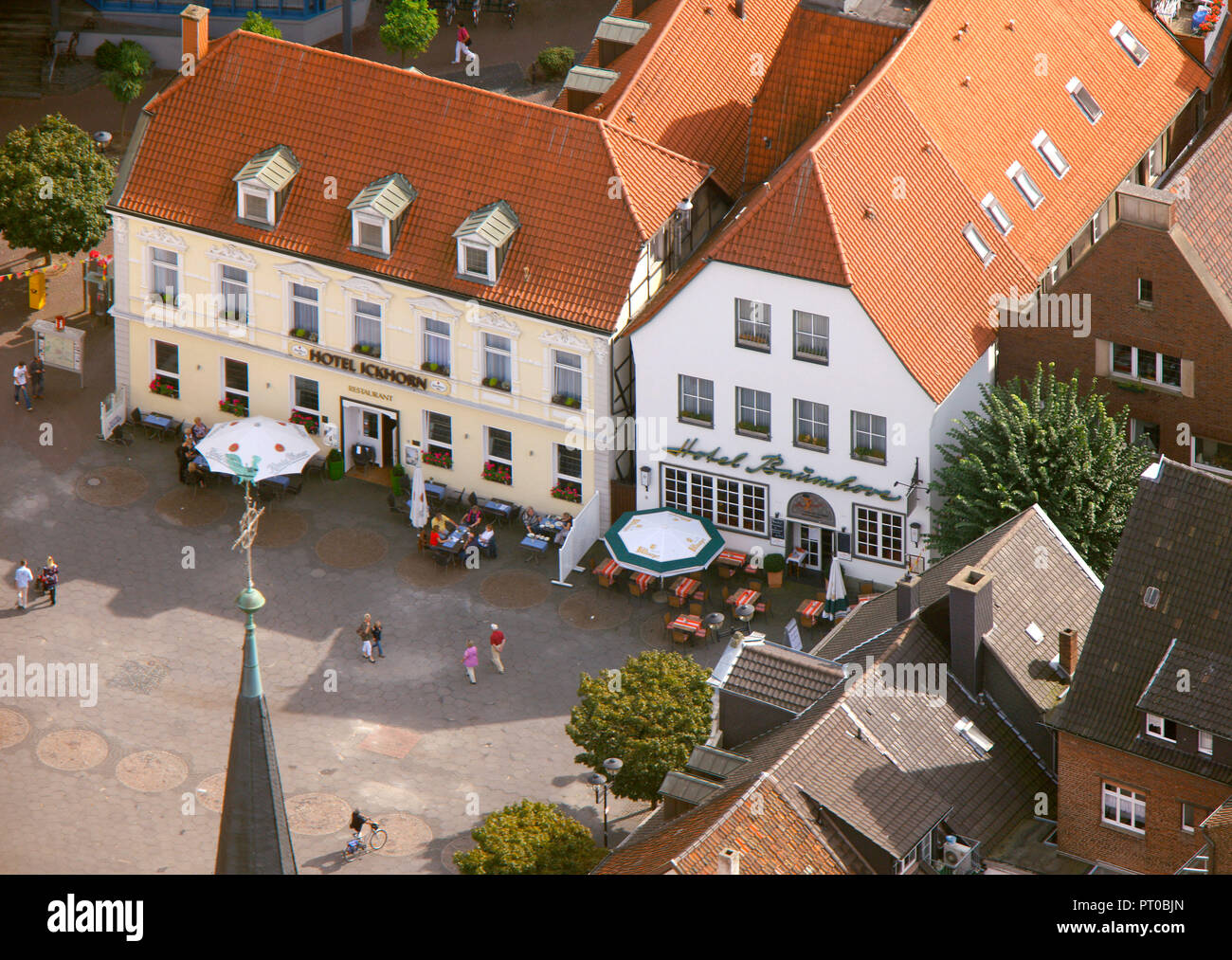 Aerial view, town hall square with Hotel Ickhorn on the left and Hotel Baumhove, Werne, Ruhr area, North Rhine-Westphalia, Germany, Europe Stock Photo