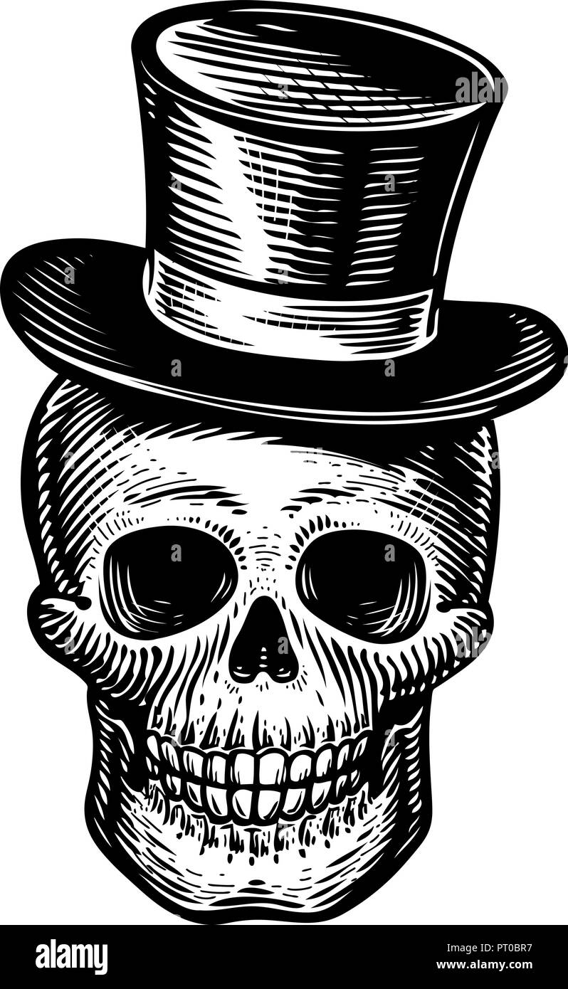 Skull or jolly Roger in hat-cylinder. Joker sketch. Vintage vector illustration Stock Vector