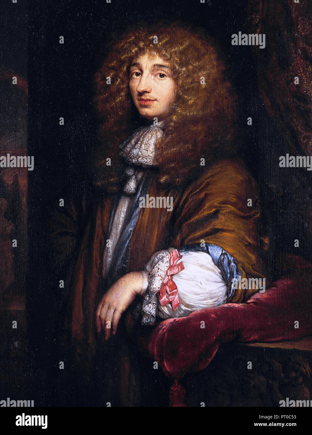 Christiaen Huygens II (1629-1695)  *oil on paper on panel  *30 x 24 cm  *signed b.l.: C.Netscher / 1671 Stock Photo