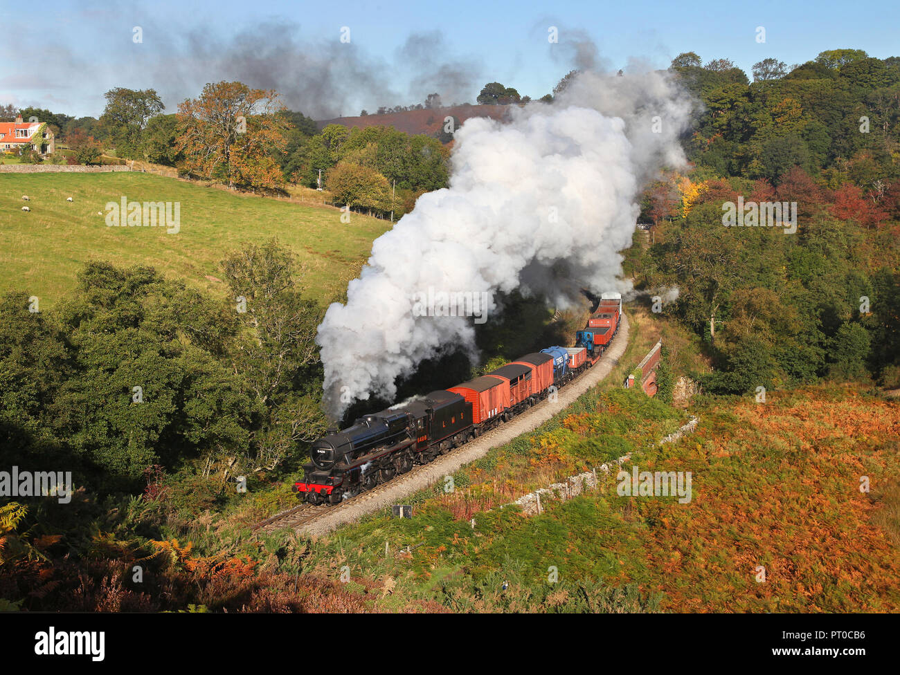 LMS 5428 heads past Darnholme with a mixed freight on 28.9.18. Stock Photo